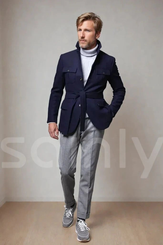 Men navy blue shacket for winters-full front