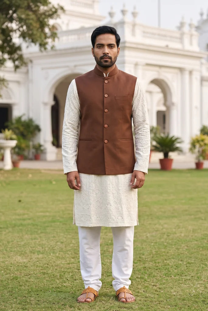 Men rust Modi jacket bandcollar front view