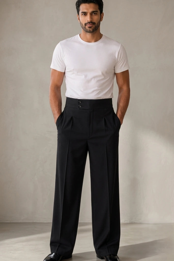 Men_s Black High-Waist Wide-Leg Pleated Trouser Front View