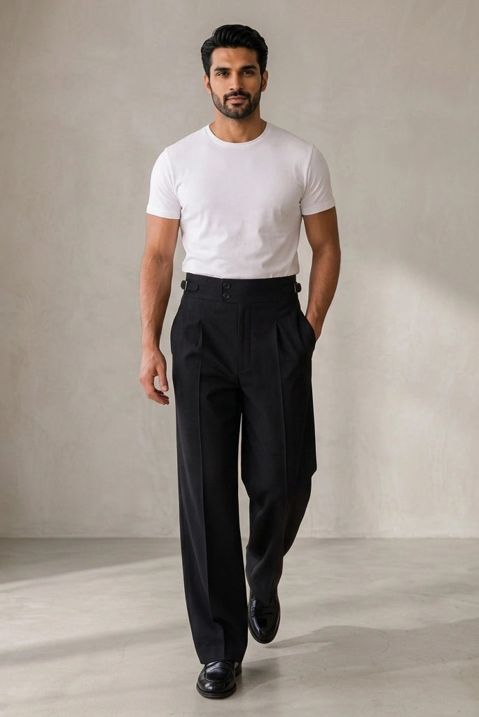 Men_s Black High-Waist Wide-Leg Pleated Trouser Front Walk View