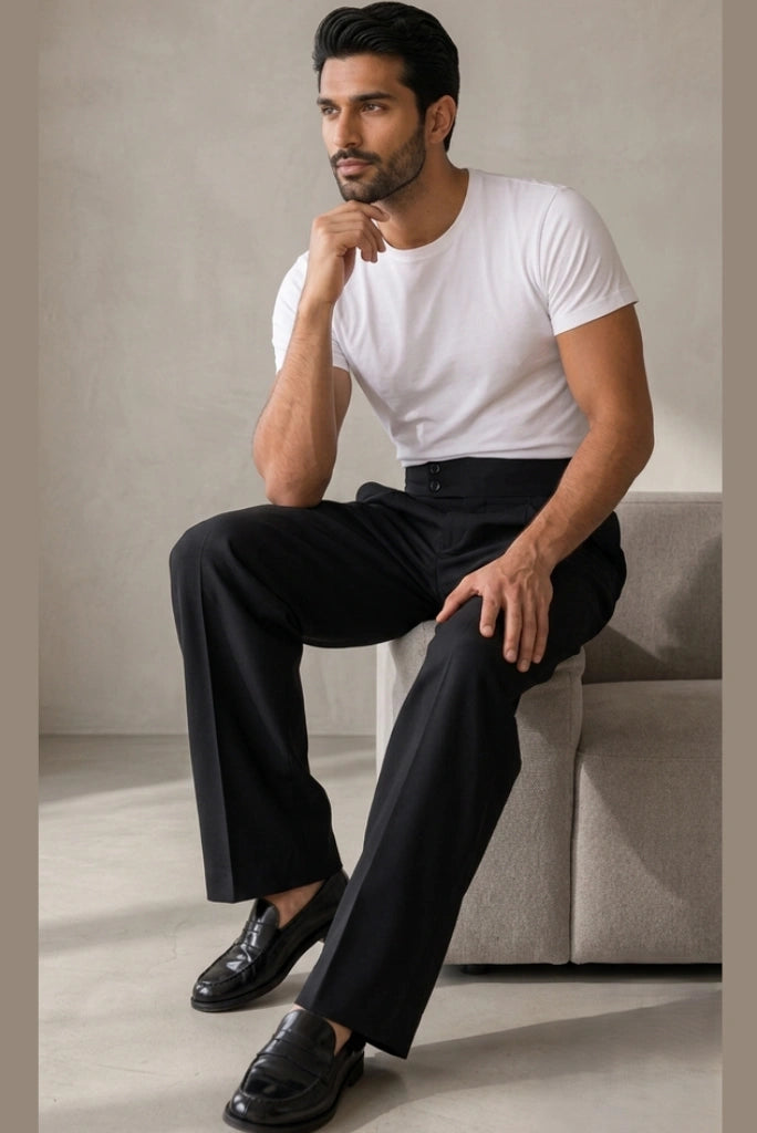 Men_s Black High-Waist Wide-Leg Trouser Sitting Pose