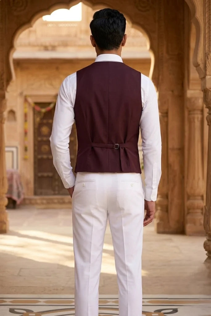 Men_s Burgundy Waistcoat with V-Neck_Button Front and Adjustable Back Strap