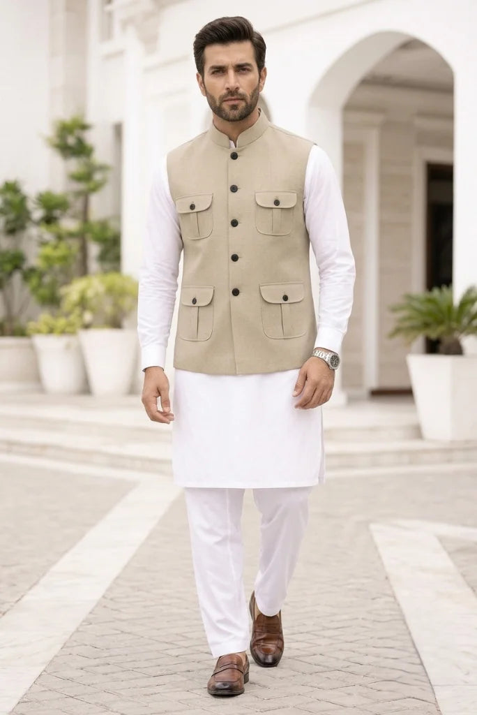 Men_s_beige_Nehru_jacket_with_four_pockets_front_view