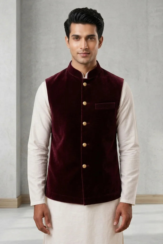 Men_s_maroon_velvet_Nehru_jacket_with_Mandarin_collar_and_front_buttons