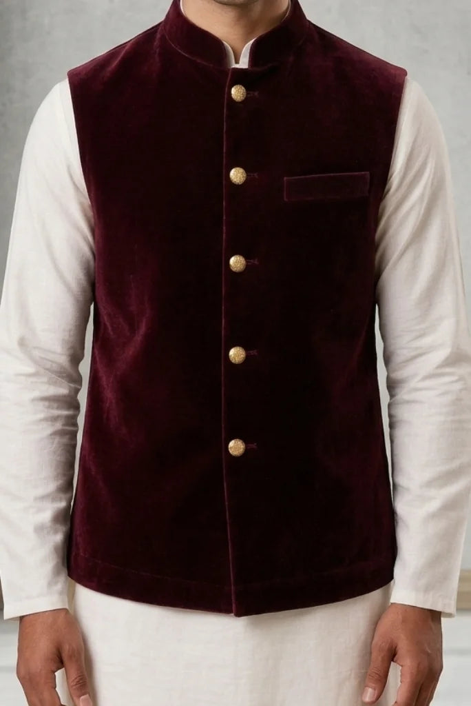 Men_s_maroon_velvet_Nehru_jacket_with_Mandarin_collar_and_front_close_buttons half jacket