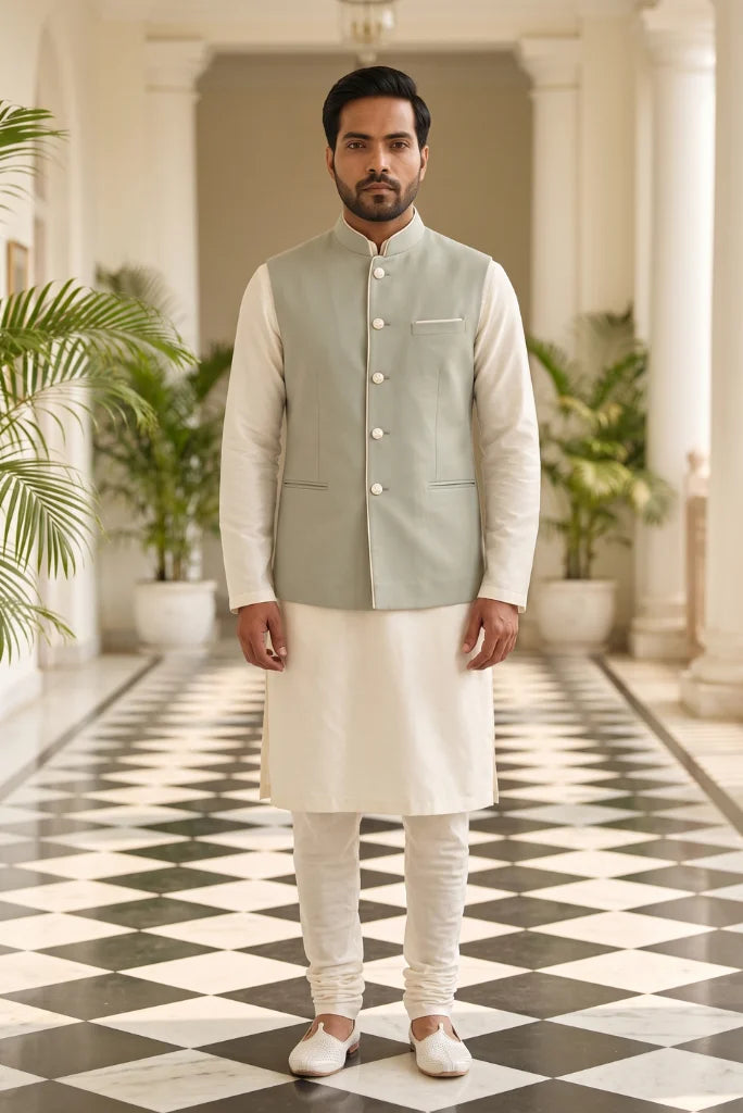 Men sage green Nehru jacket with ivory piping front view