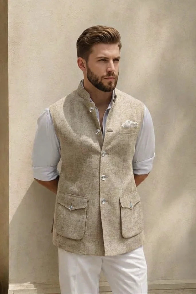 Men’s beige linen Nehru jacket with three pockets half front view