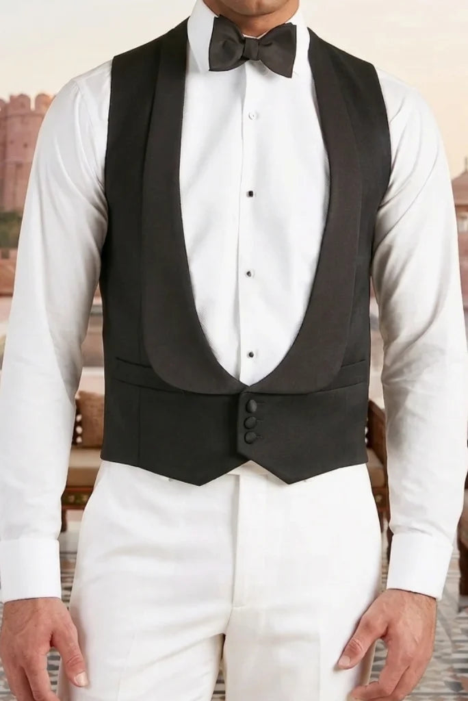 Men_s black evening vest featuring stretch fabric and classic tailored design