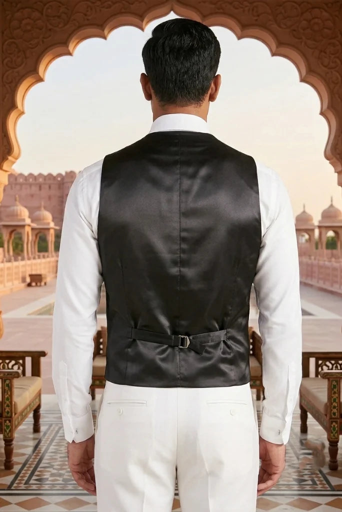 Men_s black tuxedo waist coat with shawl collar and adjustable back strap