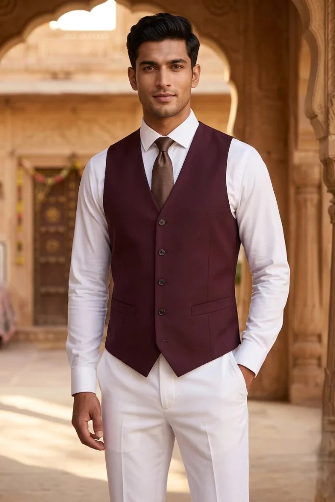 Men_s burgundy waistcoat with V-neck and button front styling