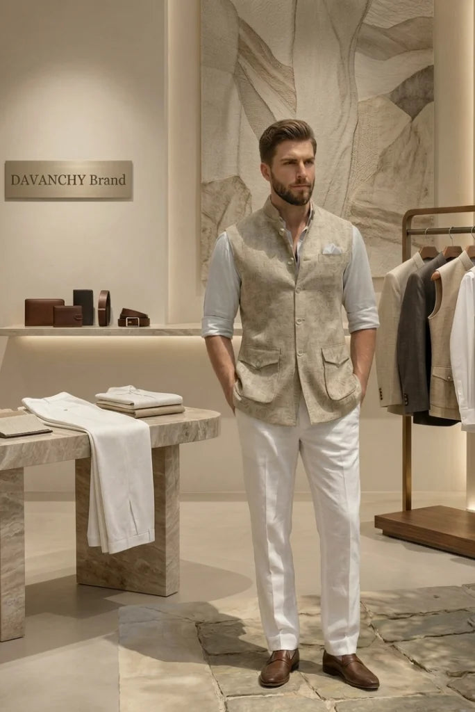Men’s ethnic linen jacket in beige with band collar