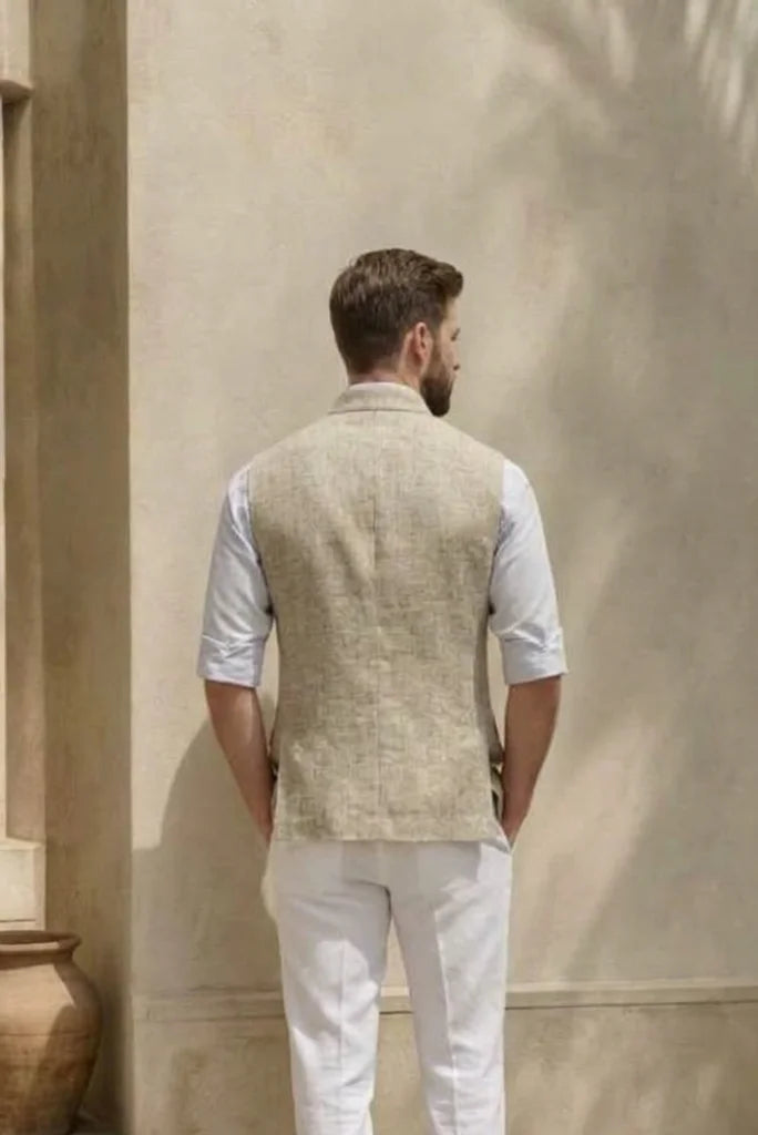 Men’s linen ethnic waistcoat styled with white shirt back view