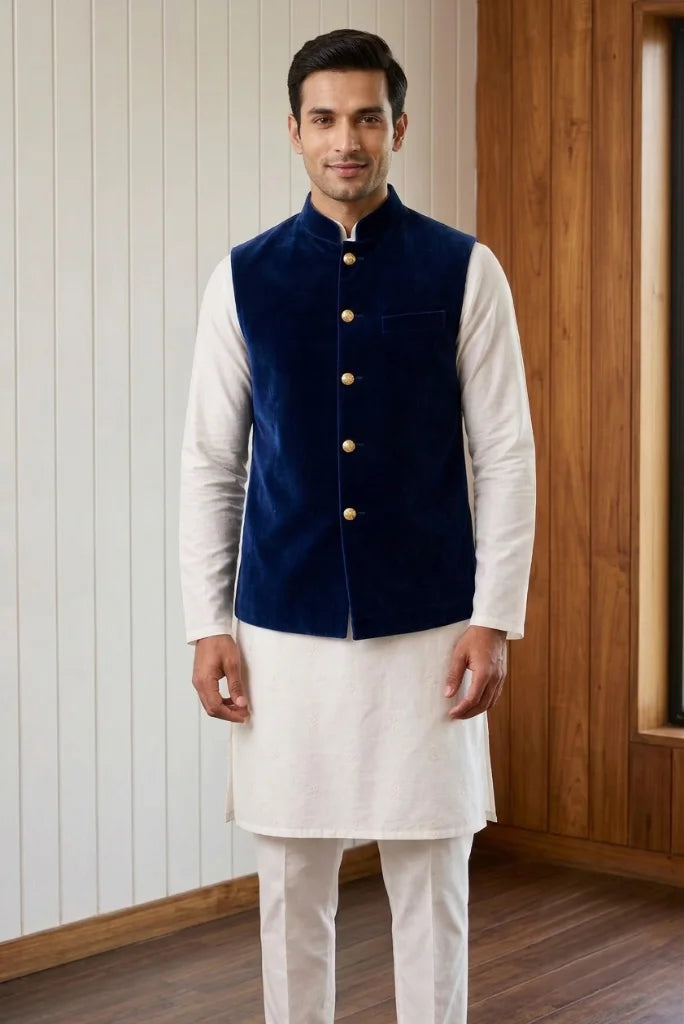 Men_s navy blue velvet Nehru waistcoat with classic band collar and front buttons