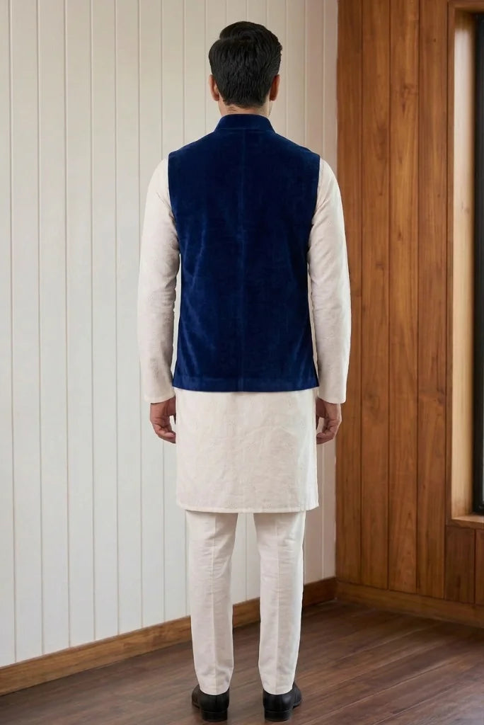 Men_s navy blue velvet Nehru vest with band collar and chest welt pocket