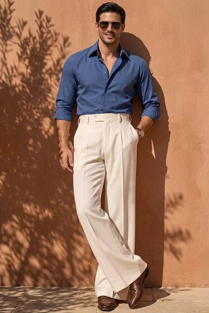 Men_s offwhite high waist wide leg trousers with front pleats Retro Disco Wide Leg Pants front style