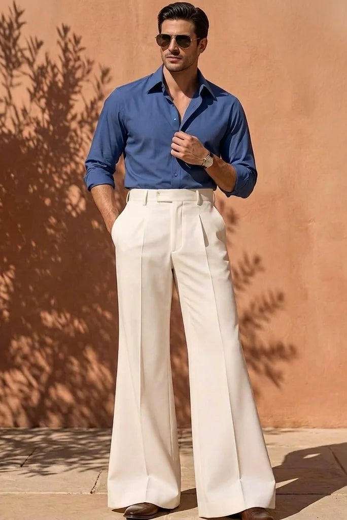 Men_s off white high waist wide leg trousers with front pleats full front pose