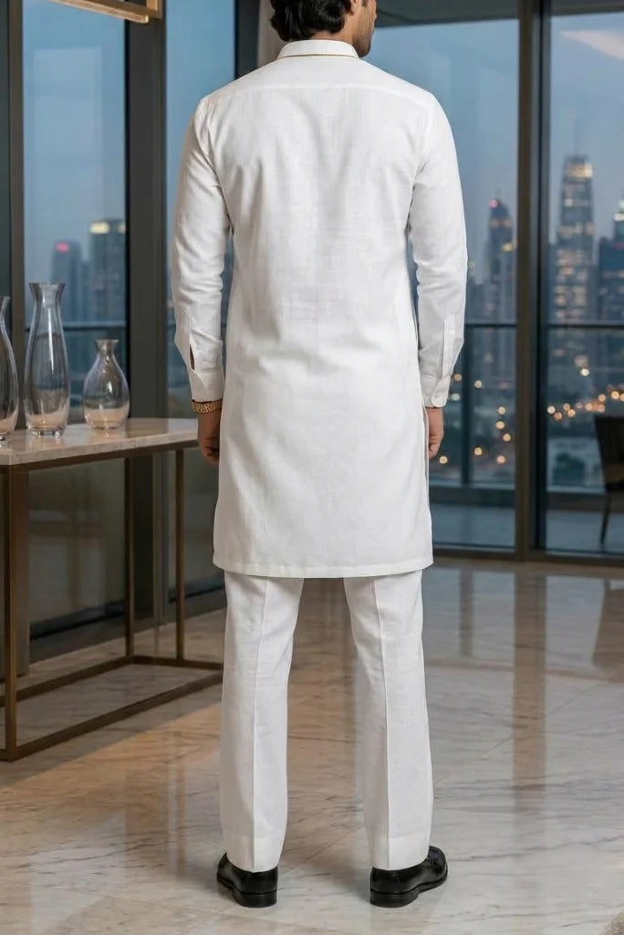 Men’s white bootcut kurta pajama set with band collar worn with black loafers back view