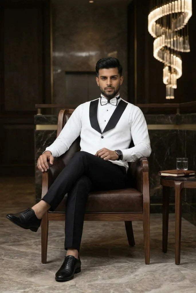 Men’s white tuxedo waistcoat with black lapel and welt pockets