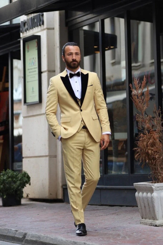 Men cream three piece formal suit-front