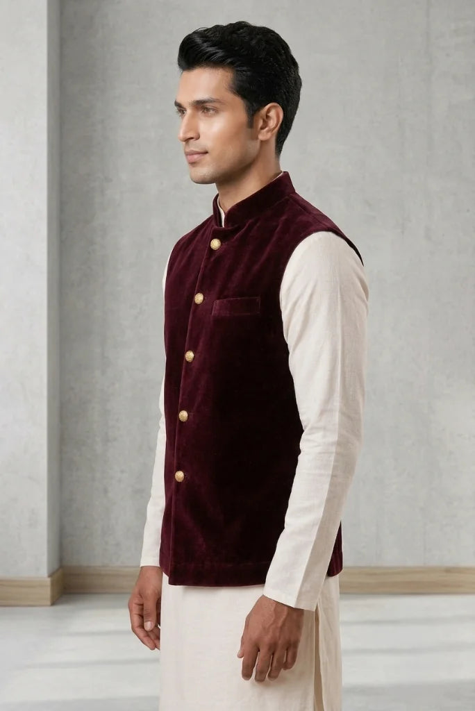 Men_wearing_a_rich_maroon_velvet_traditional_waistcoat_with_button_closure_view_side