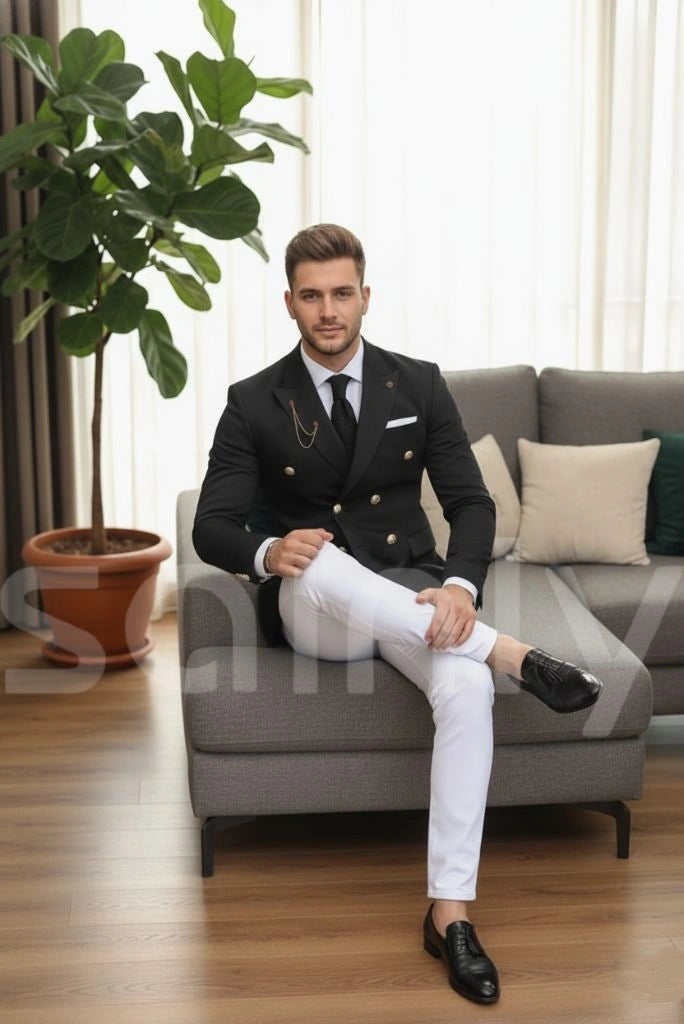 Men tailored black double breasted suit for events