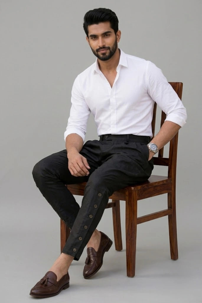 Men black Jodhpuri breeches side profile buttoned cuff - Davanchy
