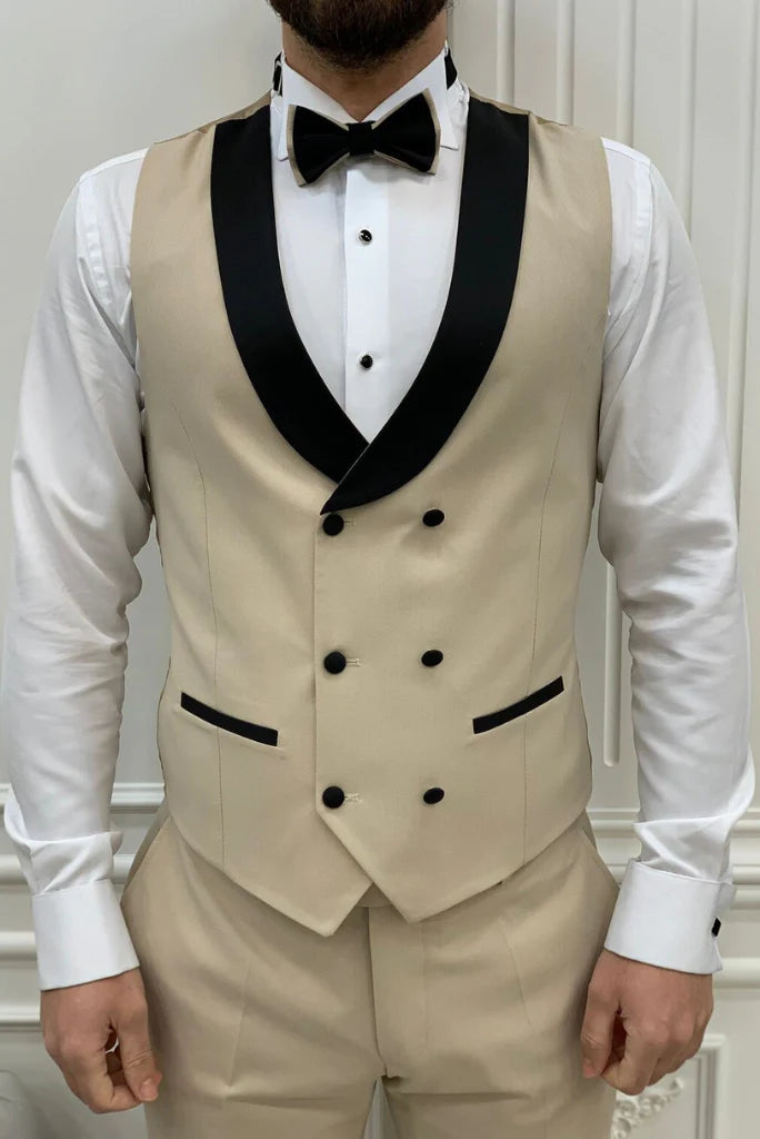 Elegant beige three piece groom suit for reception