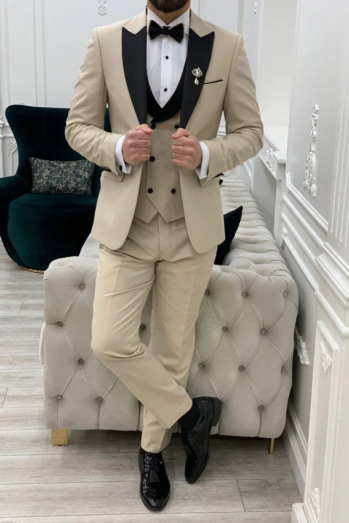 Men’s beige three piece suit for formal wedding wear