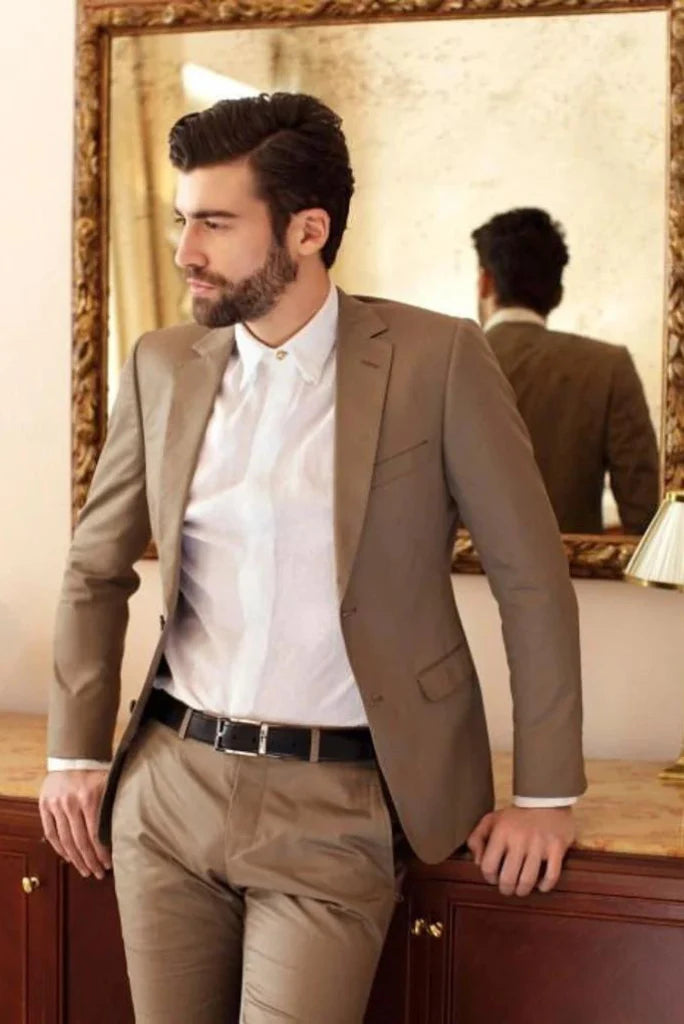 Classic brown two-piece suit for men tailored by experienced craftsmen for a stylish and comfortable look-front
