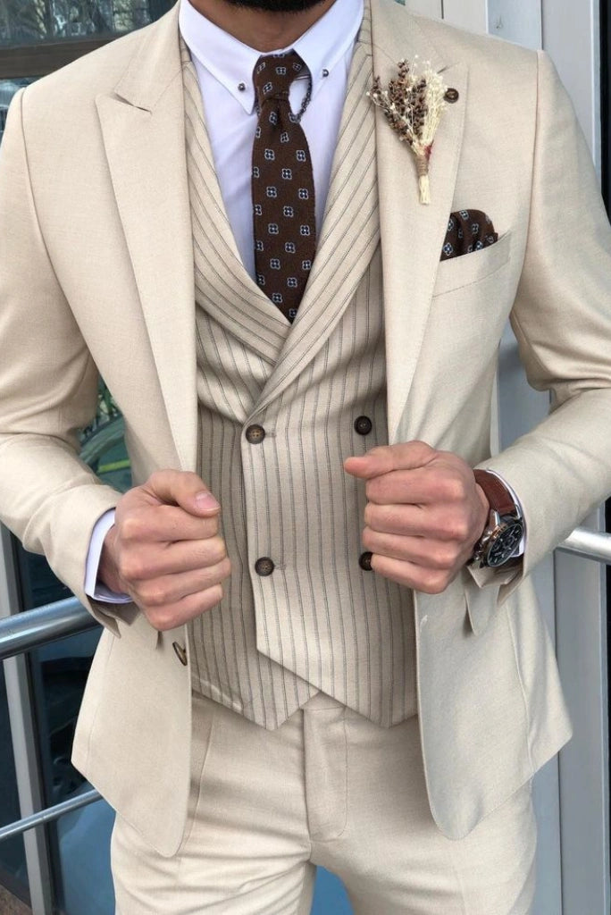 Elegant beige groom three piece suit for reception