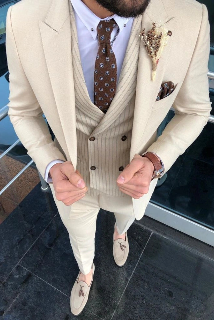 Stylish men’s beige formal three piece office suit