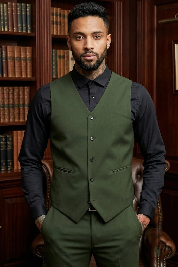 Mens Waistcoat with a clean V-neck and a pointed hem front view