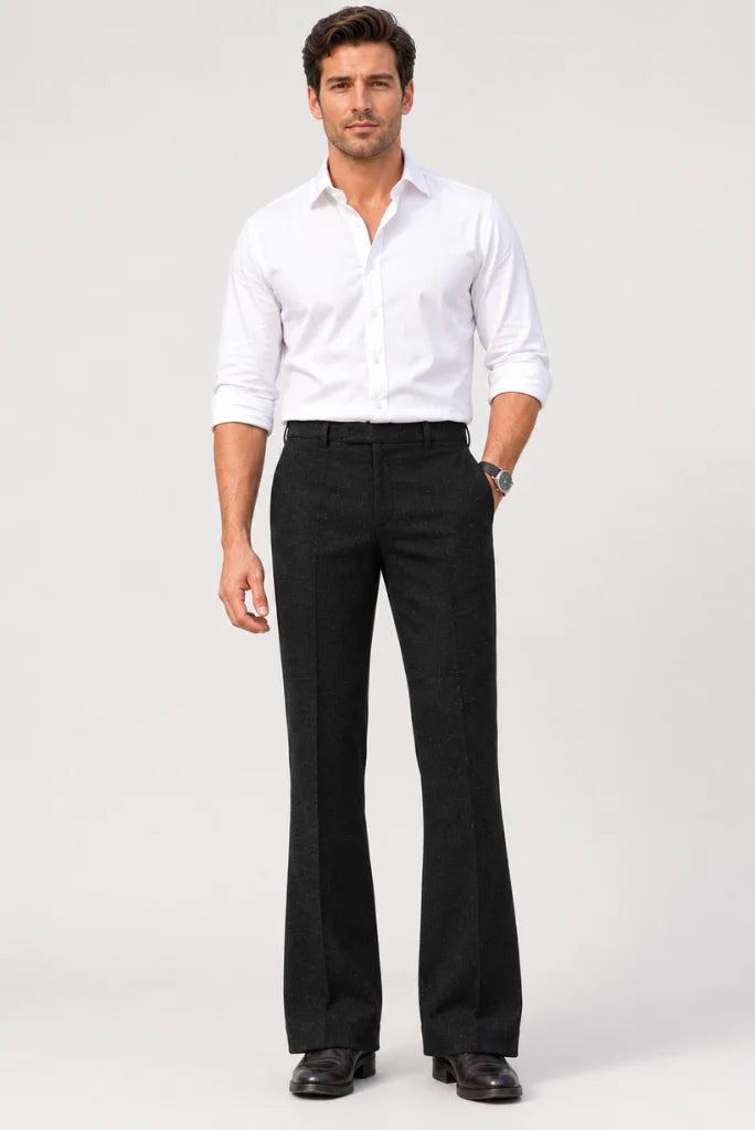 Mens Black Tweed Bootcut Retro Style Flared Trouser Front