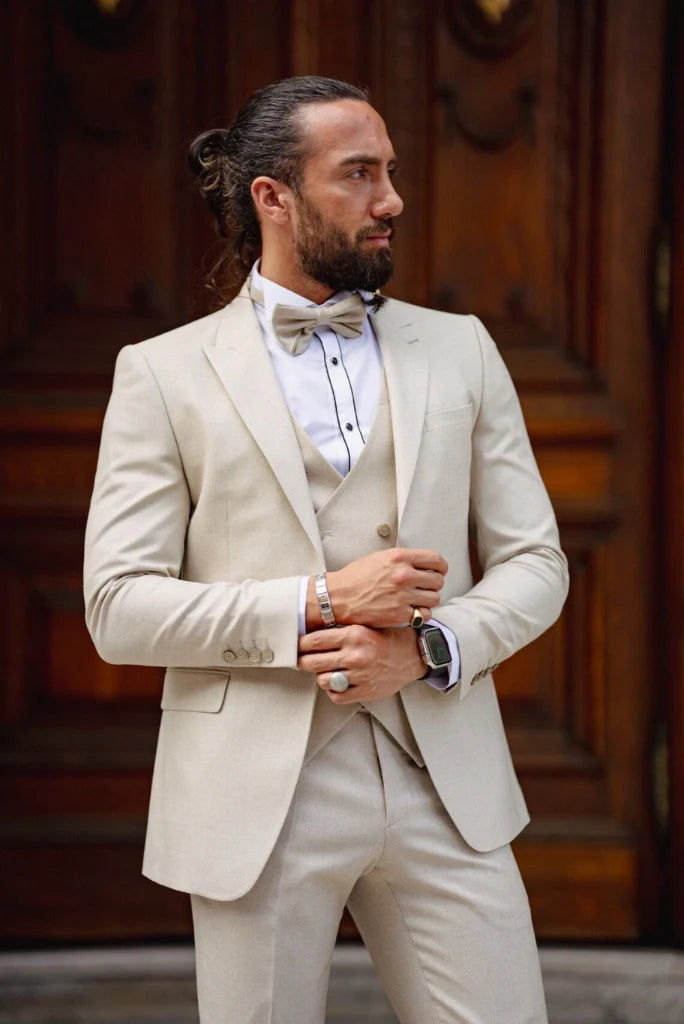 Opulent cream three piece designer suit for parties