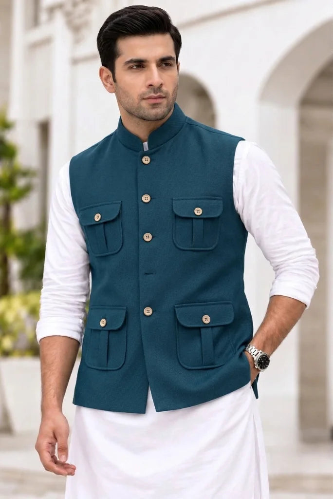 Men teal blue tweed band collar waistcoat front view