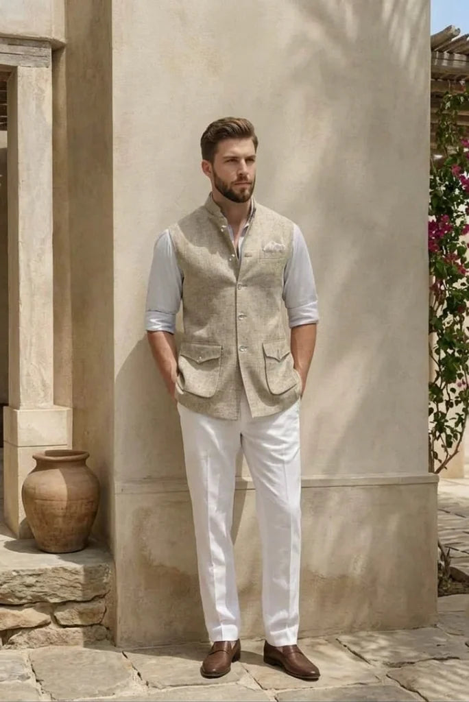 Men wearing beige Nehru jacket with three -pocket design full front