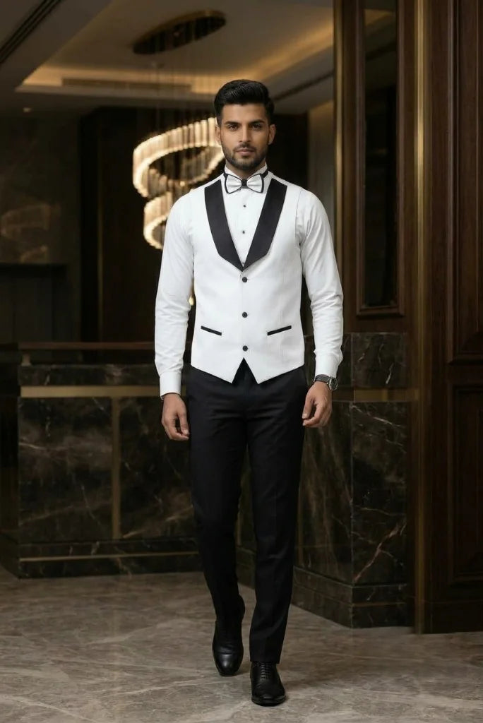 Men wearing white tuxedo vest with black detailing for formal occasions