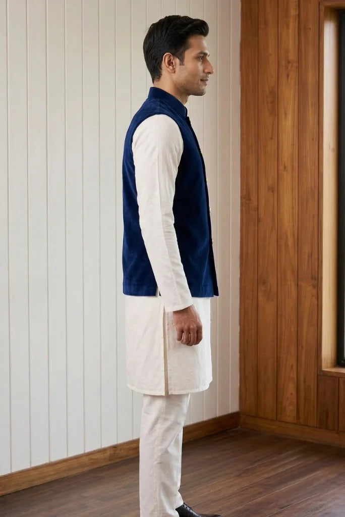 Navy blue velvet ethnic waistcoat for men featuring sleeveless Nehru-style design