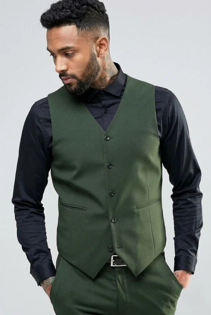 Olive green slim fit waistcoat for men with V-neck front 2 view