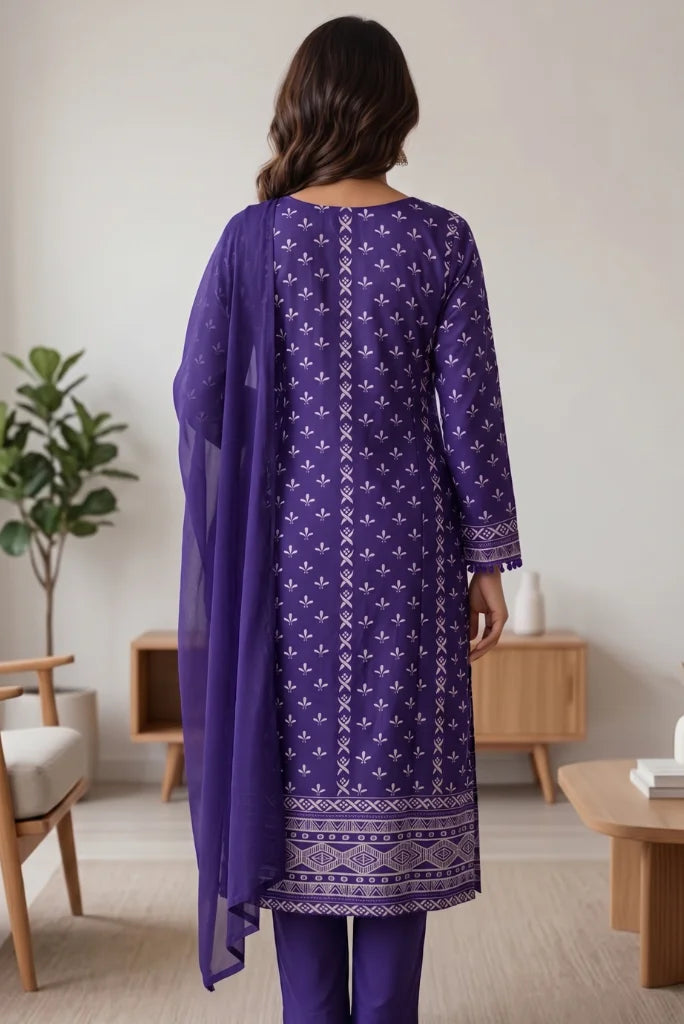Plain purple straight pants styled with printed kurta and sheer dupatta Back view