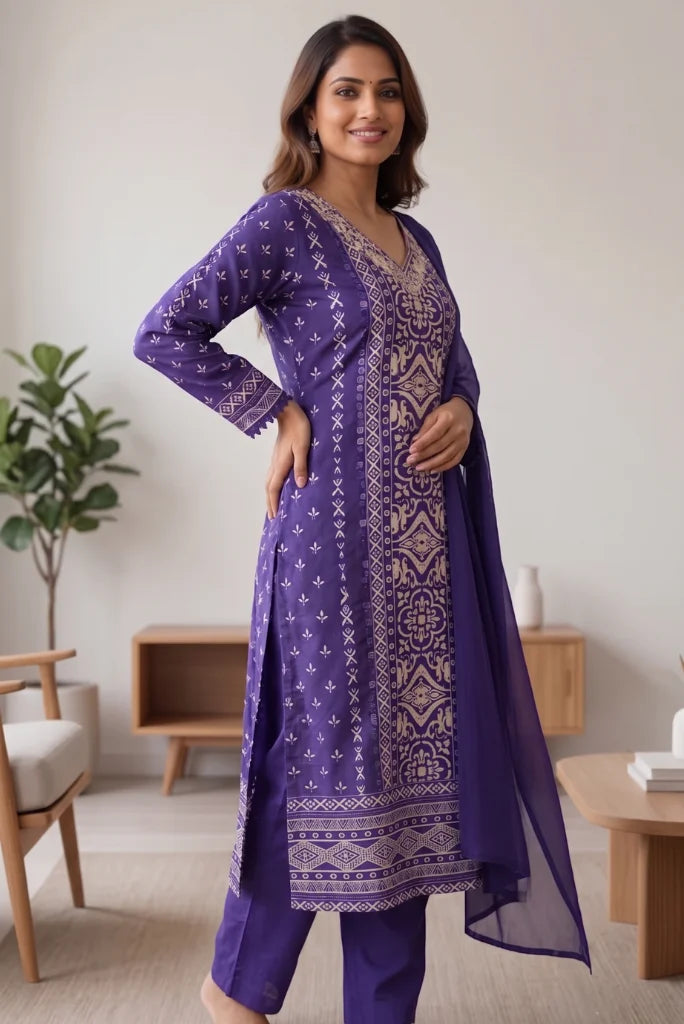 Pom-pom lace and printed cuff detail on purple kurta sleeve