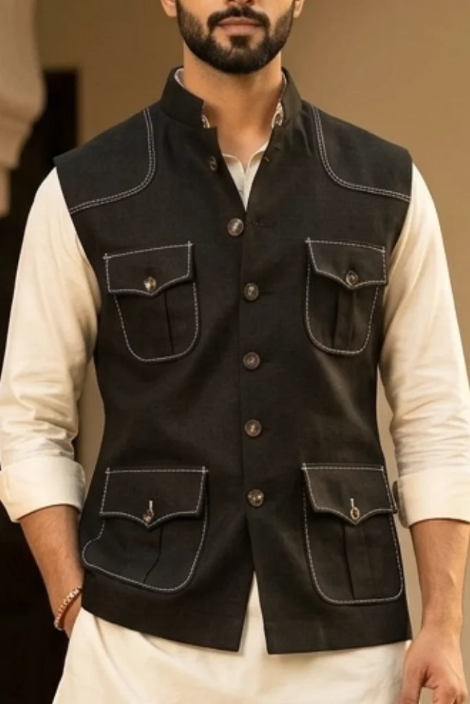 Rice-grain contrast hand stitching on shoulder yoke of waistcoat