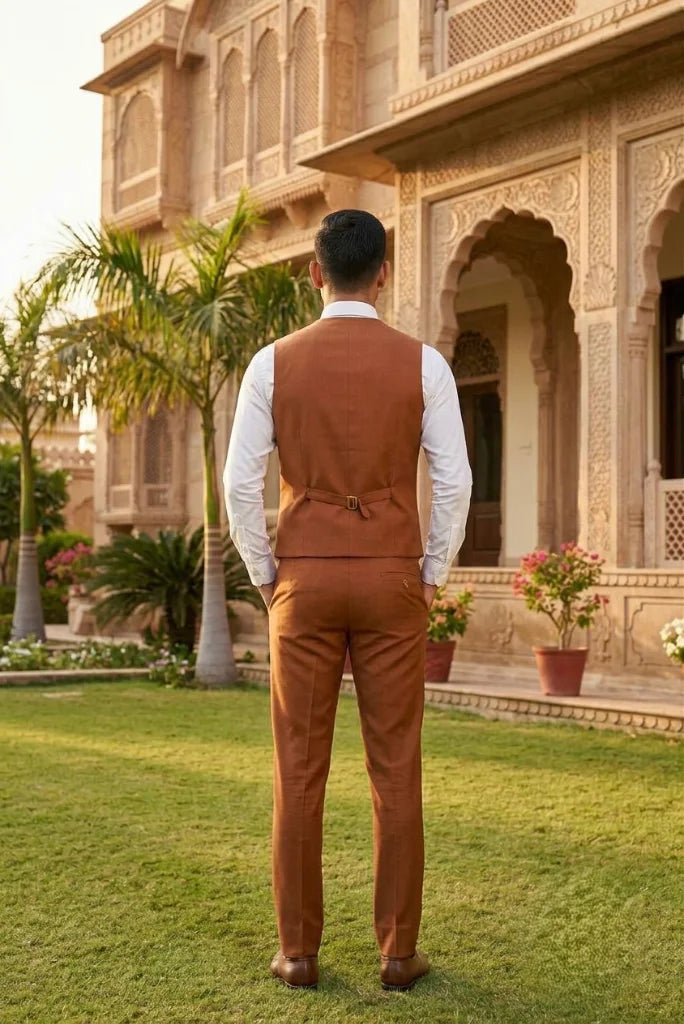 Rust Brown Readymade Waistcoat for Men back view