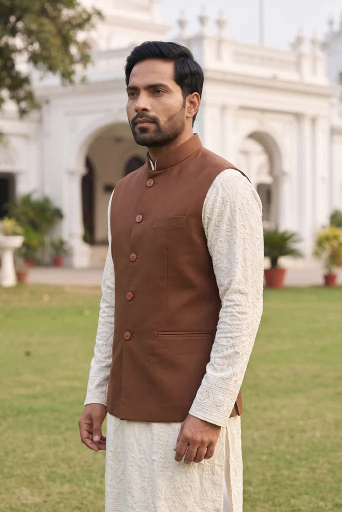 Rust Nehru jacket wooden buttons side view