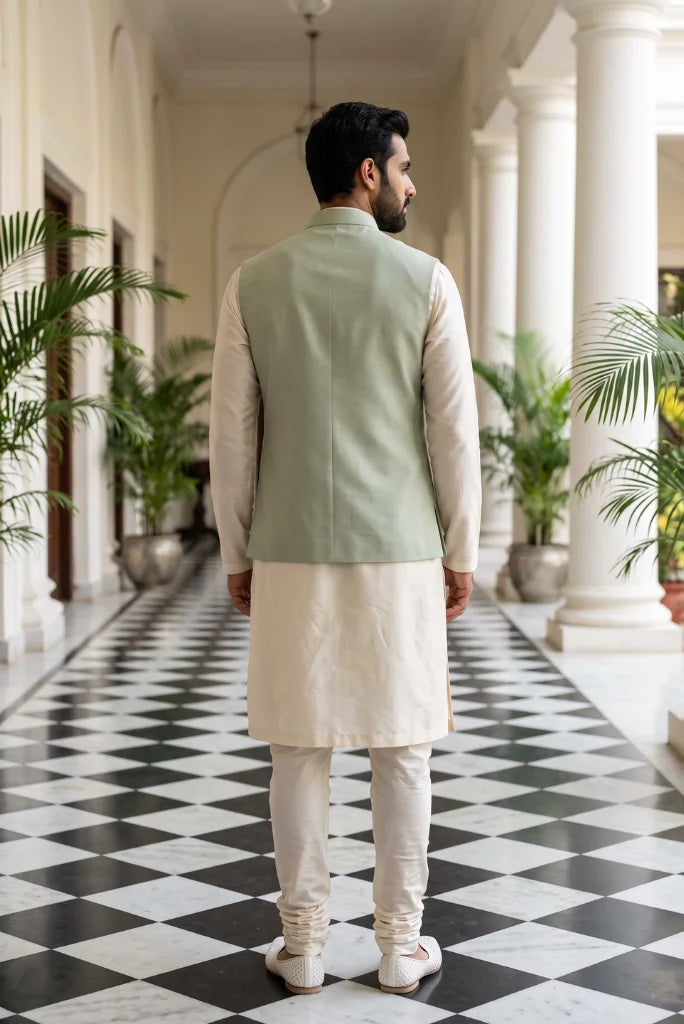 Sage green Nehru waistcoat back view