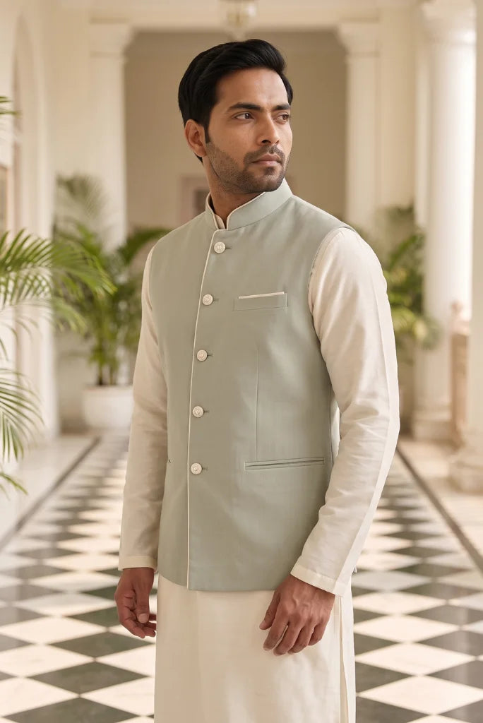 Sage green mandarin collar Nehru jacket side view