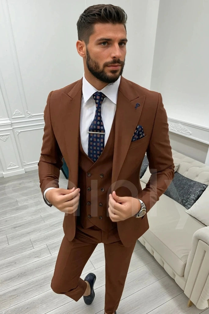 Brown three-piece suit ideal for weddings and receptions-side