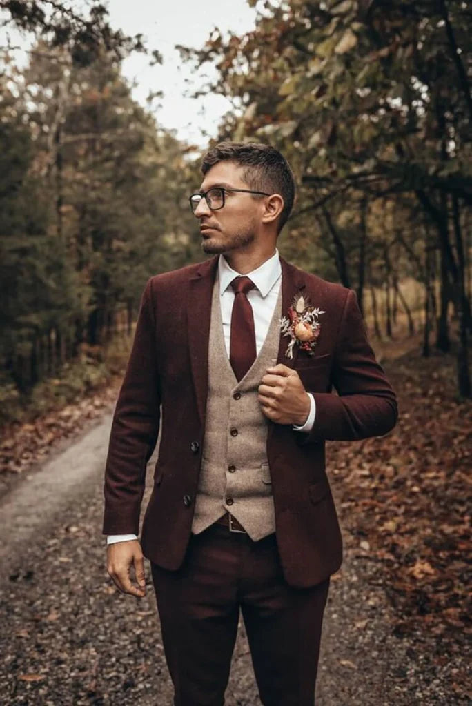Men maroon tweed winter suit-front