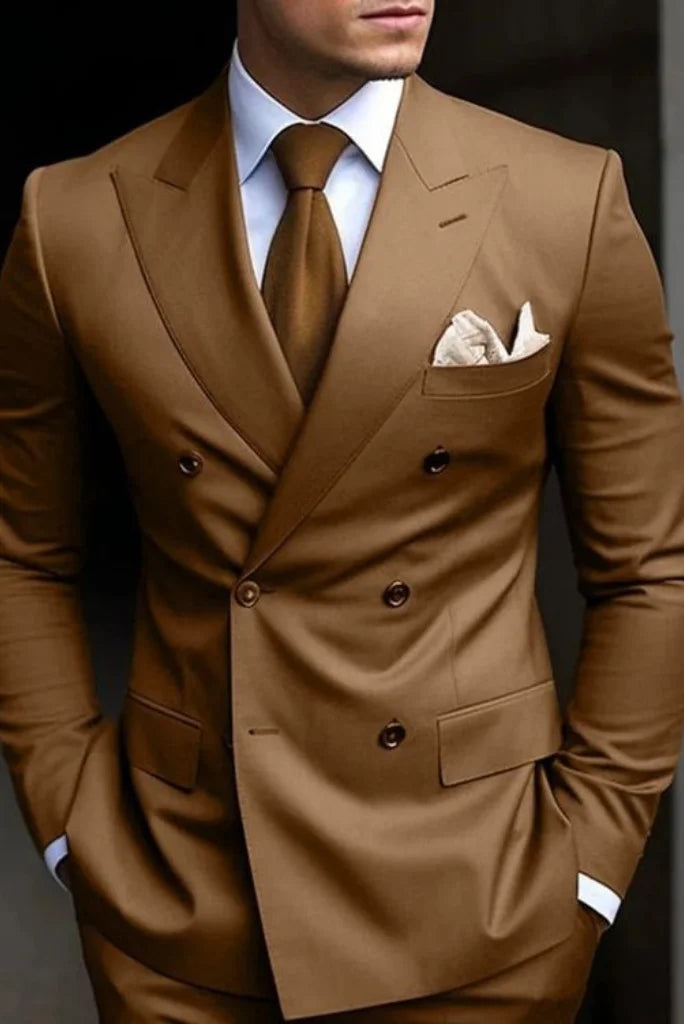 Men’s brown double-breasted two-piece suit made from premium fabric-front
