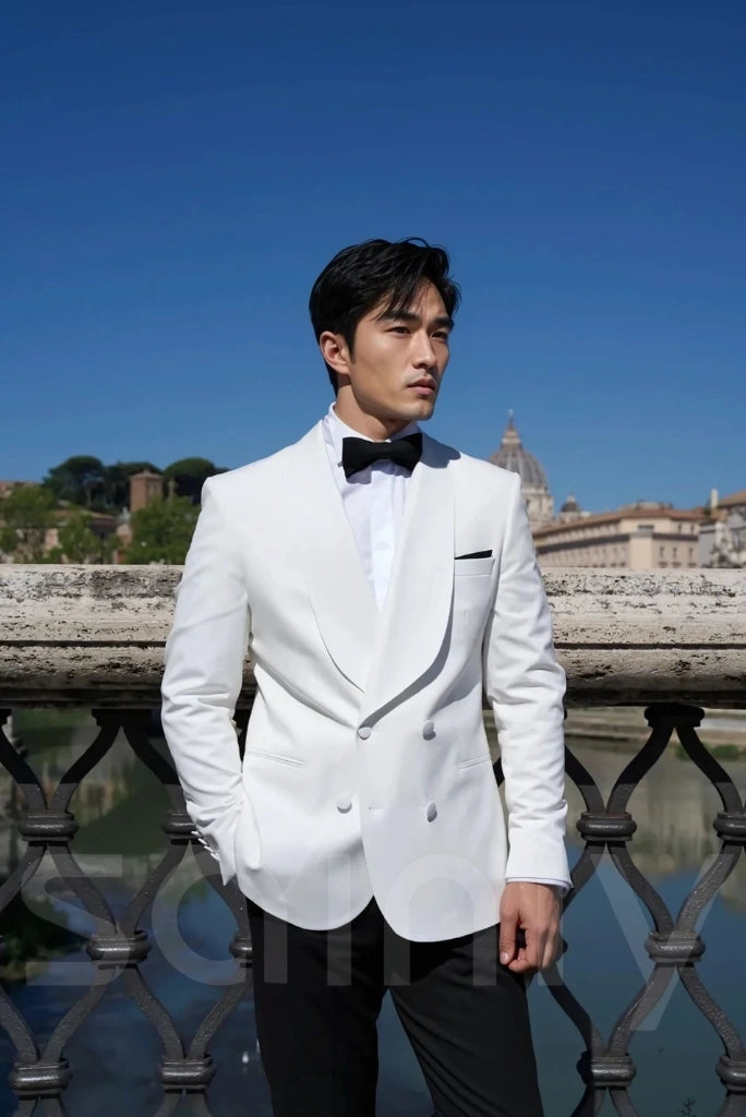 Double-breasted white suit with fine detailing-side